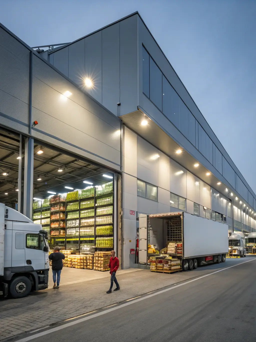 A brightly lit warehouse scene with workers carefully loading boxes labeled 'Made in USA' onto a truck destined for Mexico, showcasing the initial stage of the import process.