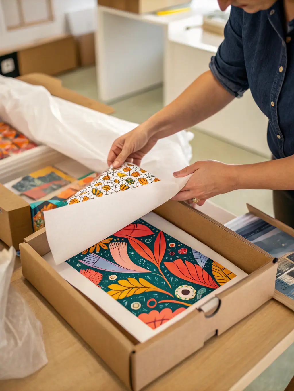 A detailed shot of a Kura employee carefully packaging a fragile item, highlighting the company's commitment to secure handling.