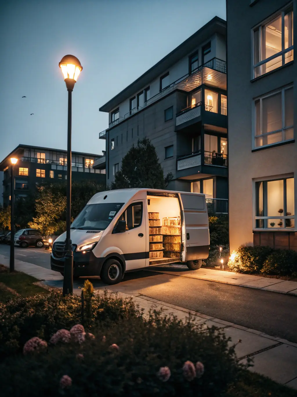A high-quality photo of a Kura delivery van speeding down a city street, packages visible in the back, symbolizing fast and efficient delivery services.