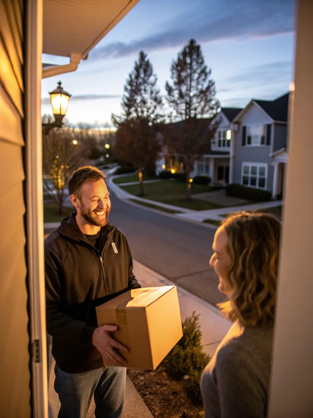 A customer smiling as they receive a package from a Kura delivery person, showcasing customer satisfaction and reliable service.