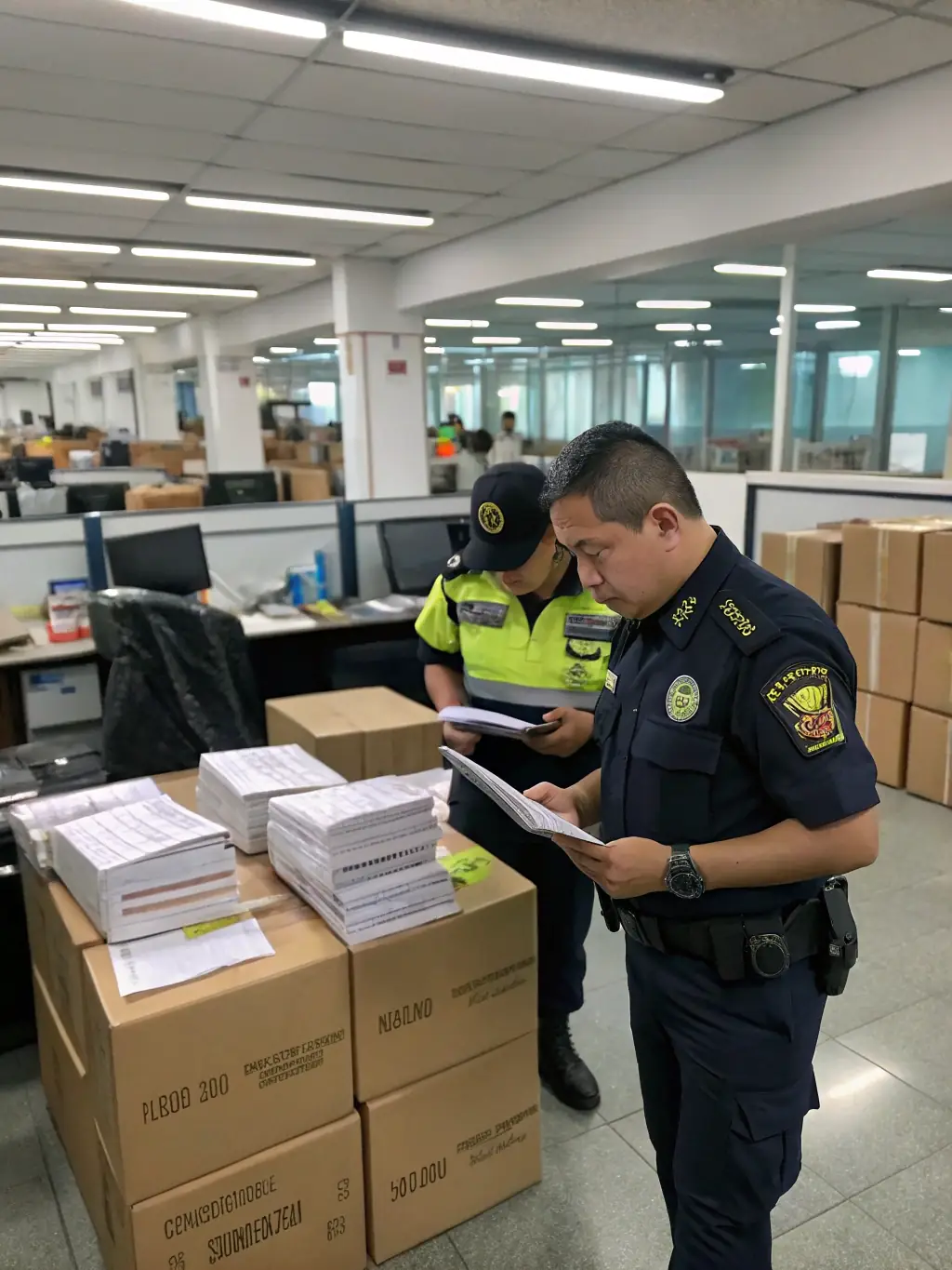 A customs inspection area with boxes being processed, highlighting import operations. Customs officers are inspecting the goods, and the atmosphere is professional and efficient.