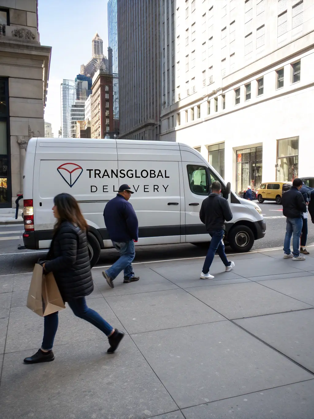 A high-quality photo of a Kura delivery van in a busy urban environment, showcasing the speed and efficiency of their local delivery service.